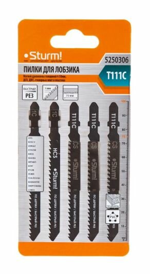 Пилки для лобзика по дереву T111C, 5 шт, 100х75мм, шаг зуба 3мм, быстрый прямой рез, HCS, Sturm! 5250306