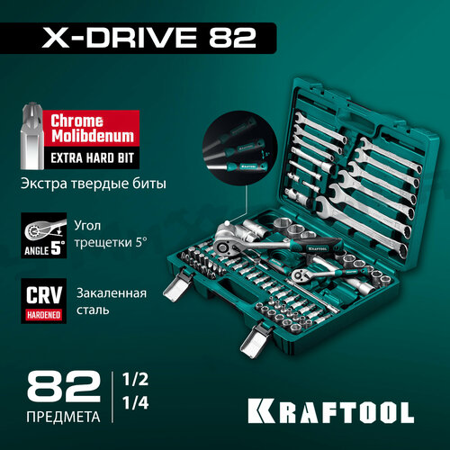 kraftool x drive 82 82 предм 1 2″ 1 4″ универсальный набор инструмента 27887 h82 Набор инструментов универсальный Kraftool X-Drive 82, 82 предмета, 1/2 +1/4 , Cr-V сталь, S2 сталь, кейс