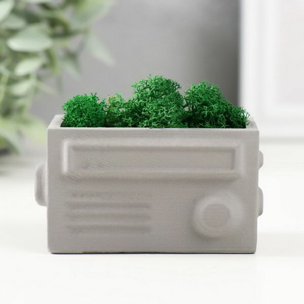 фото Кашпо бетонное мини "Ретро радио" со мхом светло серый 8х4х4.5см (мох зеленый стабилизир.)