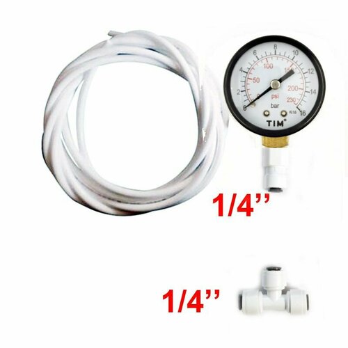 Манометр радиальный 0-16 бар для фильтра воды с фитингами и трубкой 1/4