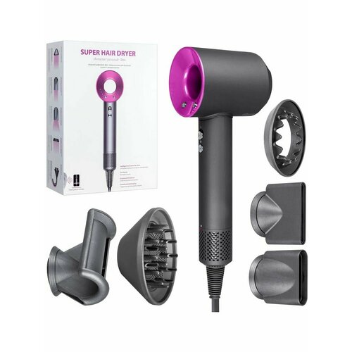 Профессиональный фен для волос Super Hair Dryer 2600 Вт 3 режима 5 магнитных насадок ионизация воздуха цвет фуксия 2500₽