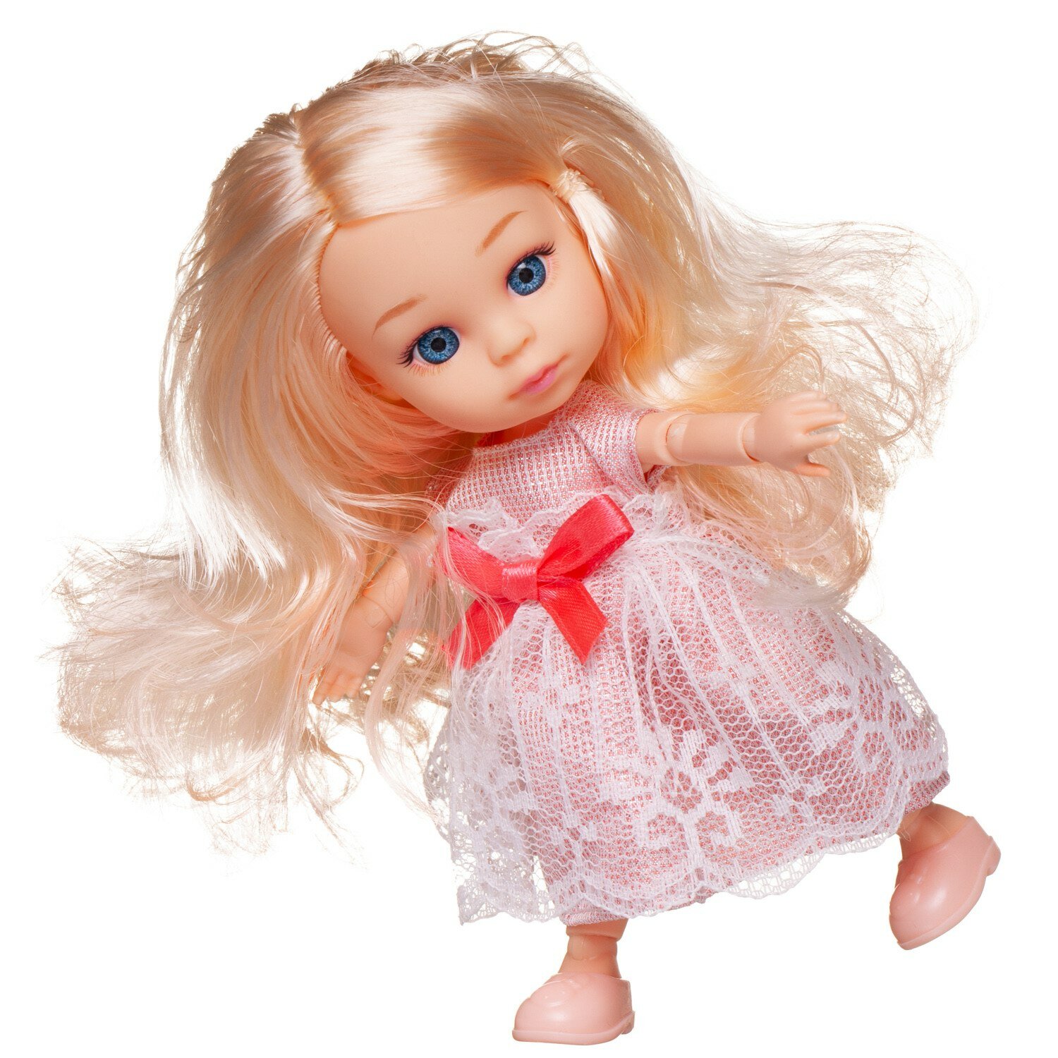 Кукла Junfa 16см Малышка-милашка в розовом ажурном кружевном платье с красным бантом WJ-30336