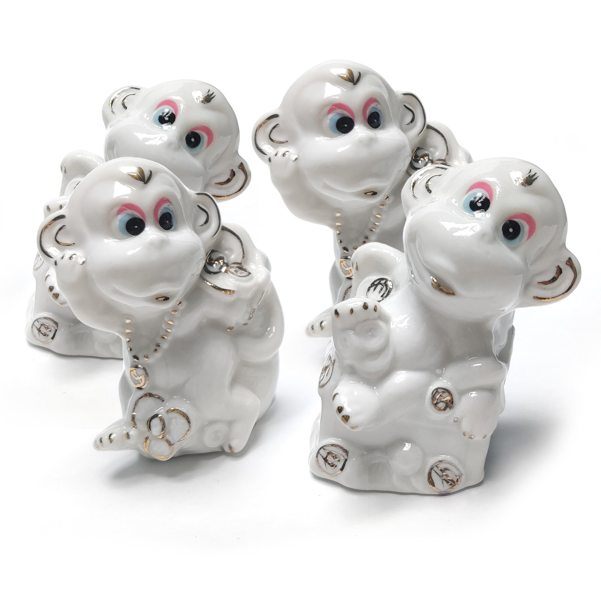 фото Статуэтка Обезьянки, Символ 2028 года, 7 см, цвет белый, 4 штуки, керамика.