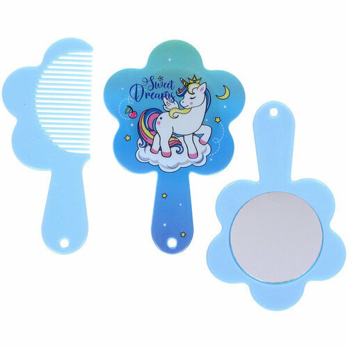 Расческа с зеркалом в наборе детские мимишки единорог цвет голубой 11см 339₽