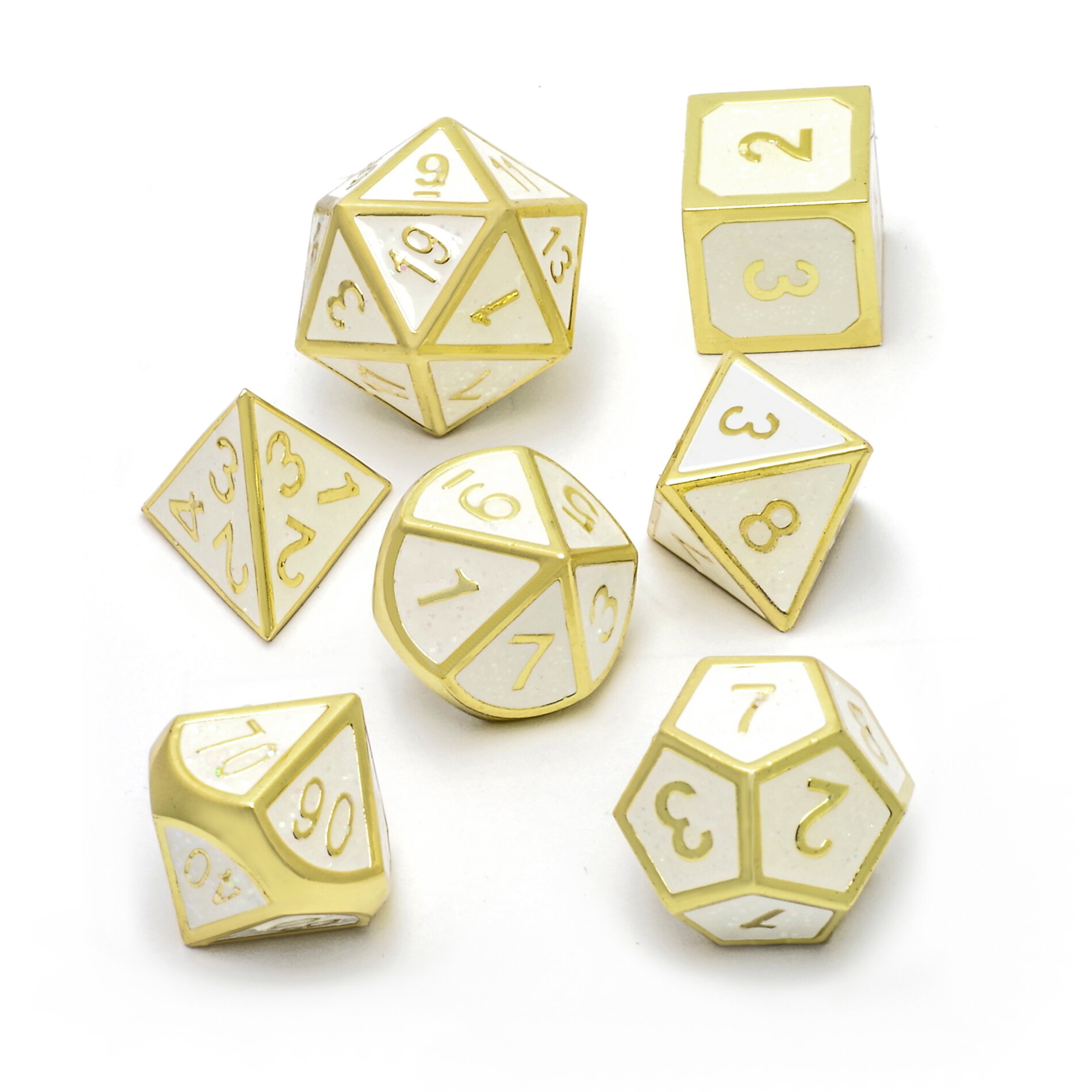 Набор металлических кубиков Stuff-pro игральных костей D4, D6, D8, D10-2, D12, D20 золотой с белым