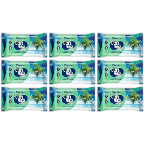 Ultra Fresh Влажные салфетки Breeze, 15 штук, 9 упаковок