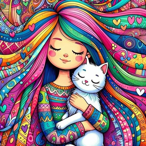 Разноцветная девочка с кошкой