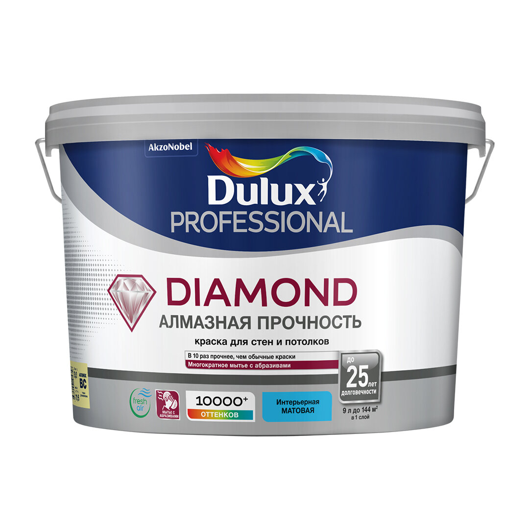 Dulux Diamond Алмазная прочность краска для стен и потолков износостойкая (белая, матовая, база BW, 9 л)
