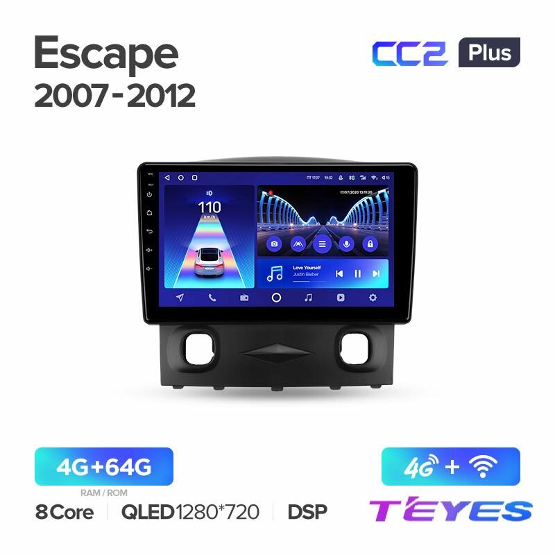 Магнитола Ford Escape 2007-2012 Teyes CC2+ 4/64GB, штатная магнитола, 8-ми ядерный процессор, QLED экран, DSP, 4G, Wi-Fi, 2 DIN