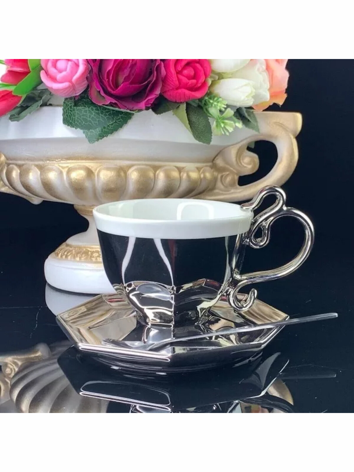 фото Чайная пара с ложкой Lenardi, фарфоровая, 230 мл