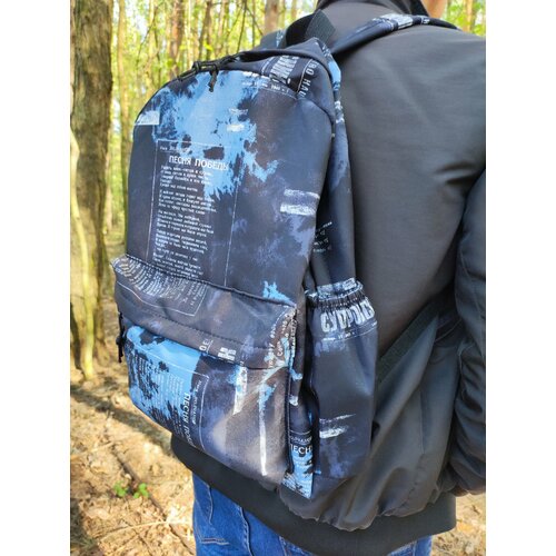 Рюкзак из текстиля, черно-голубой, 5 карманов, 360гр.