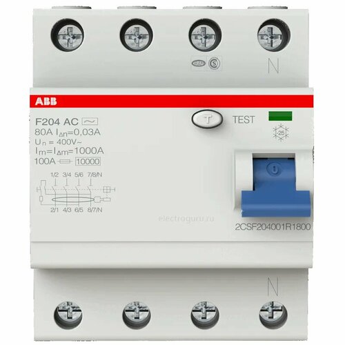 Устройство защитного отключения (УЗО) ABB F204 AC - 80/0,3 mA, 80A 300mA узо abb 300ма тип ac f204 4 полюса 40 а