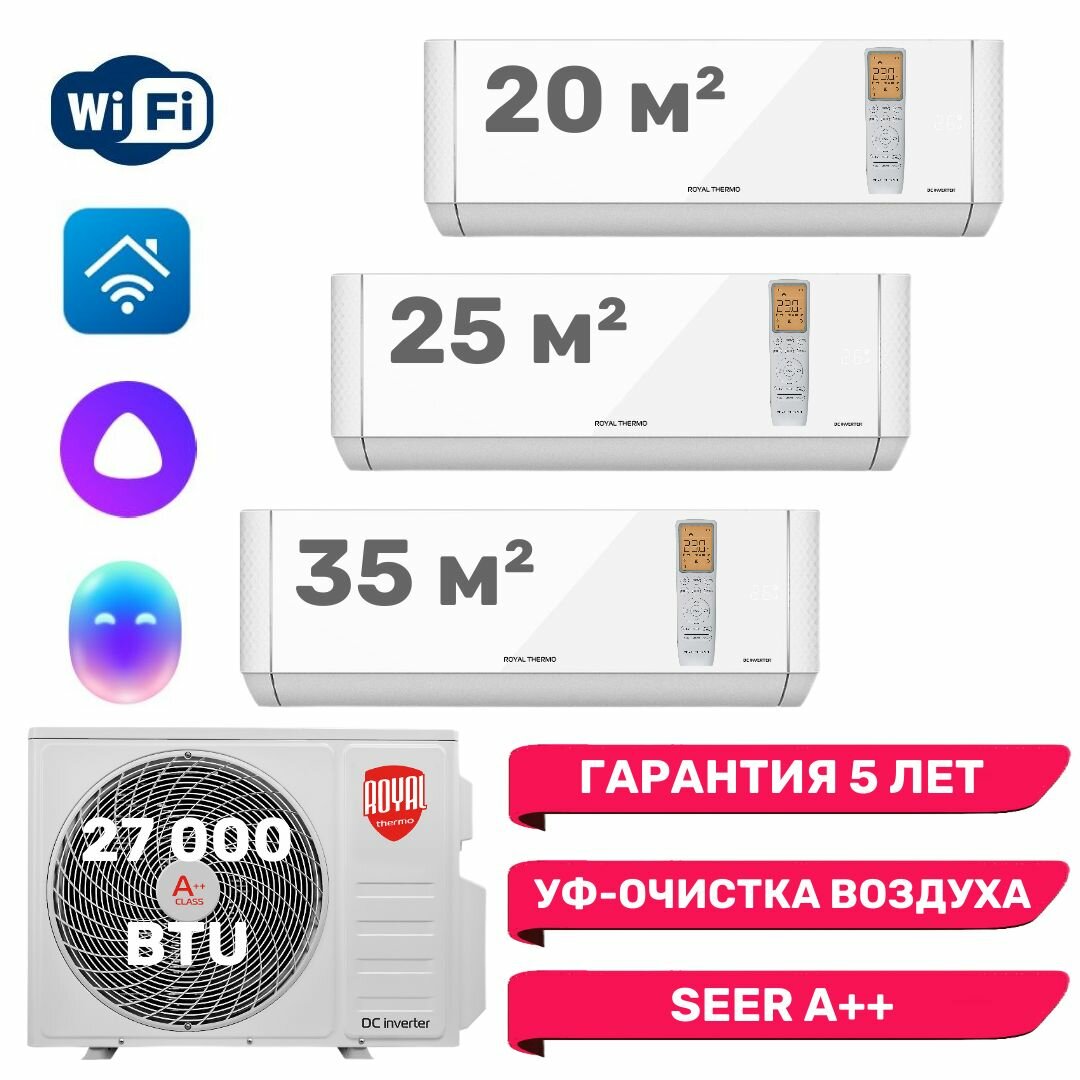 Инверторная мульти сплит-система Royal Thermo MULTI COMBO на 3 комнаты (20м2 + 25м2 + 35м2)