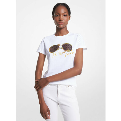 Футболка MICHAEL KORS Майка женская авиатор из 100% хлопка с оригинальным принтом Michael Kors Logo Logo Aviator Print Organic Cotton T-Shirt JF150F197J, размер M, белый 100% cotton truck bear print short sleeved t shirt women summer casual short sleeved unisex oversized t shirt ladies shirt s 4xl