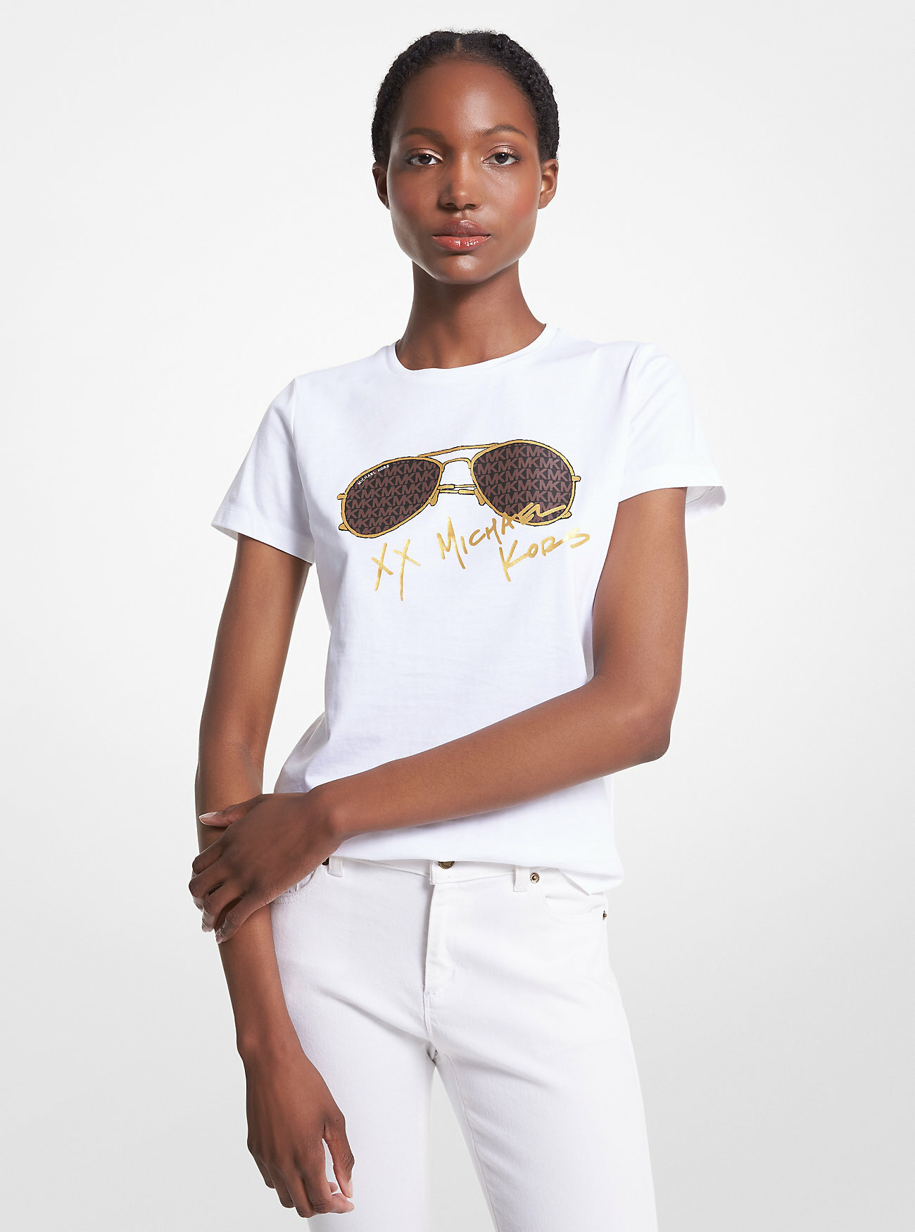 Футболка MICHAEL KORS Майка женская авиатор из 100% хлопка с оригинальным принтом Michael Kors Logo Logo Aviator Print Organic Cotton T-Shirt JF150F197J