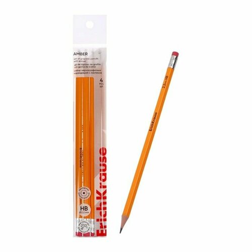 Набор чернографитных карандашей с ластиком 4 штуки ErichKrause Amber HB грифель d 22 мм дерево шестигранных в пакете жёлтый корпус 496₽
