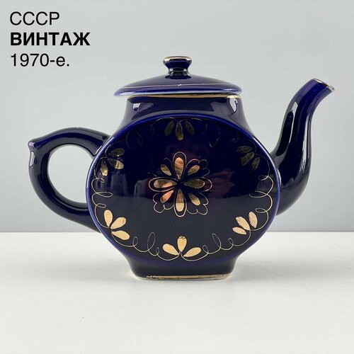 Винтажный заварочный чайник Золотое кружево Фарфор Гжель кобальт СССР 1970-е 2500₽