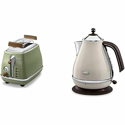 фото Тостер De'Longhi Icona Vintage KBOV2001. BG с тостером с 2 отделениями и насадкой для булочек, зеленый цвет и чайник Icona Vintage KBOV2001. BG 1,7 л с индикатором уровня воды и бежевым основанием на 360