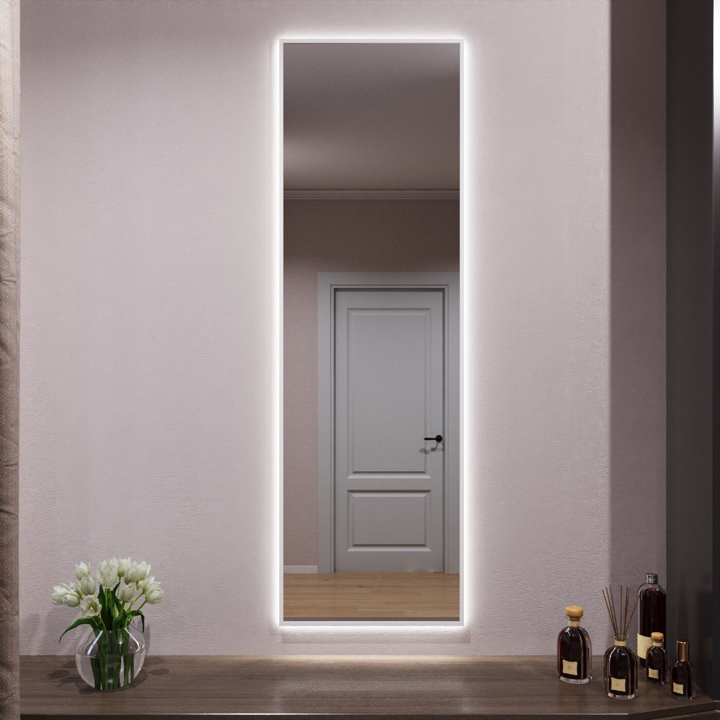 Зеркало с подсветкой в алюминиевой раме настенное Market-house 150х50 см. Свет: Нейтральный Белый 6000К. Белое