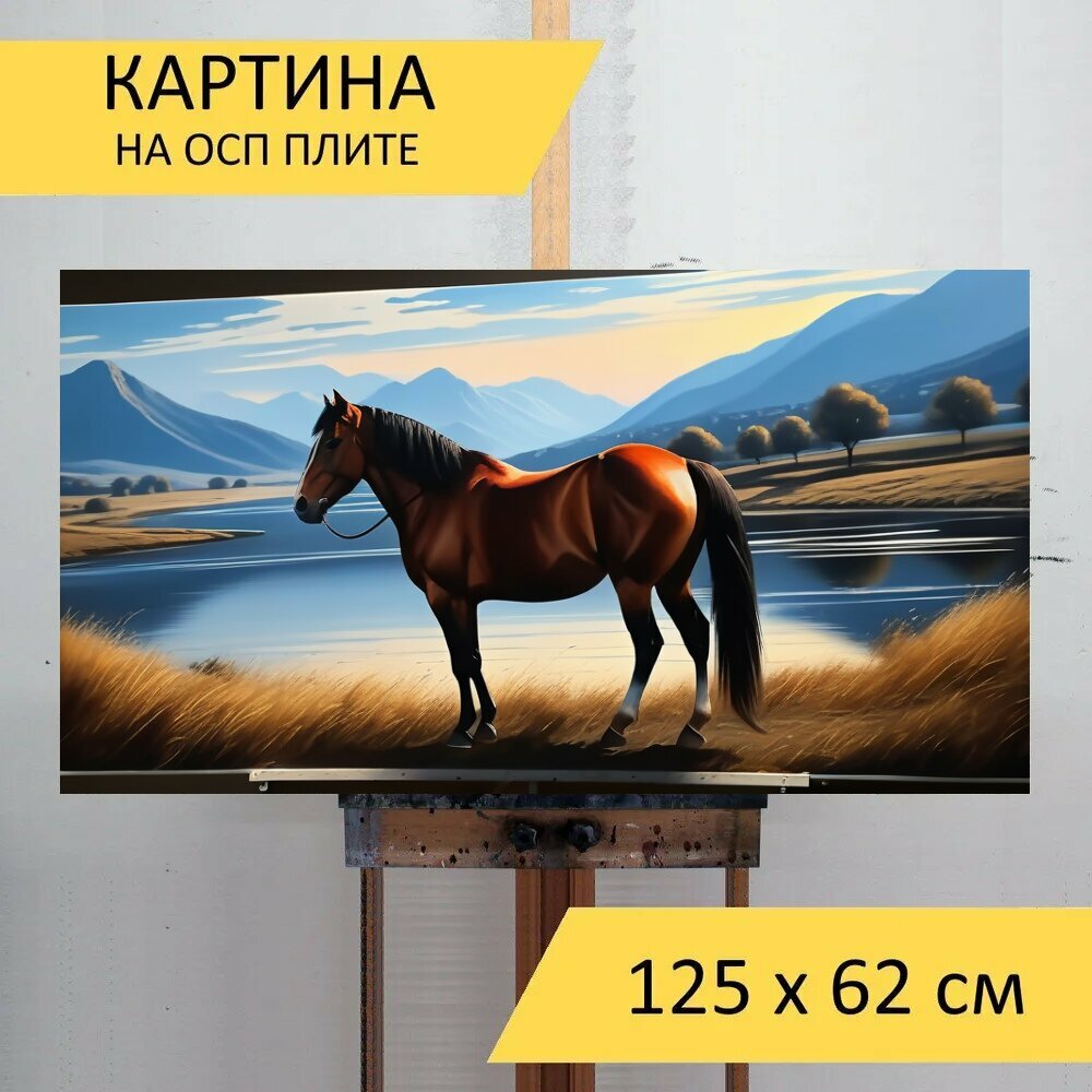 Картина на ОСП "Пейзаж с лошадью легкий, " 125x62 см. для интерьера на стену