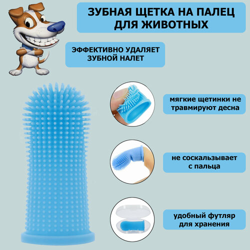 Зубная щетка для животных на палец в футляре. Силиконовая щетка для чистки зубов, для собак и кошек, голубая