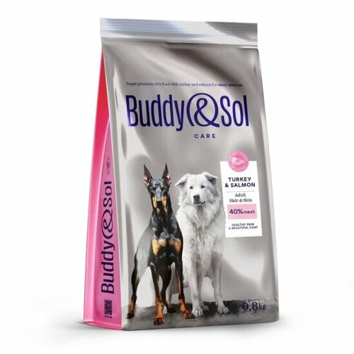 Корм для собак средних и крупных пород Buddy&Sol 800 г сухой суперпремиум-класса для здоровой кожи и шерсти с индейкой и лососем
