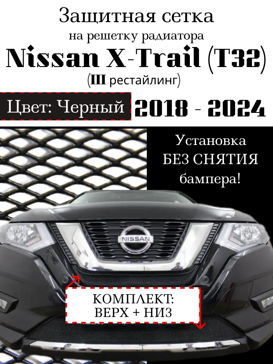 Комплект защиты радиатора Nissan X-Trail 2018-2024 верхняя и нижняя решетка черного цвета