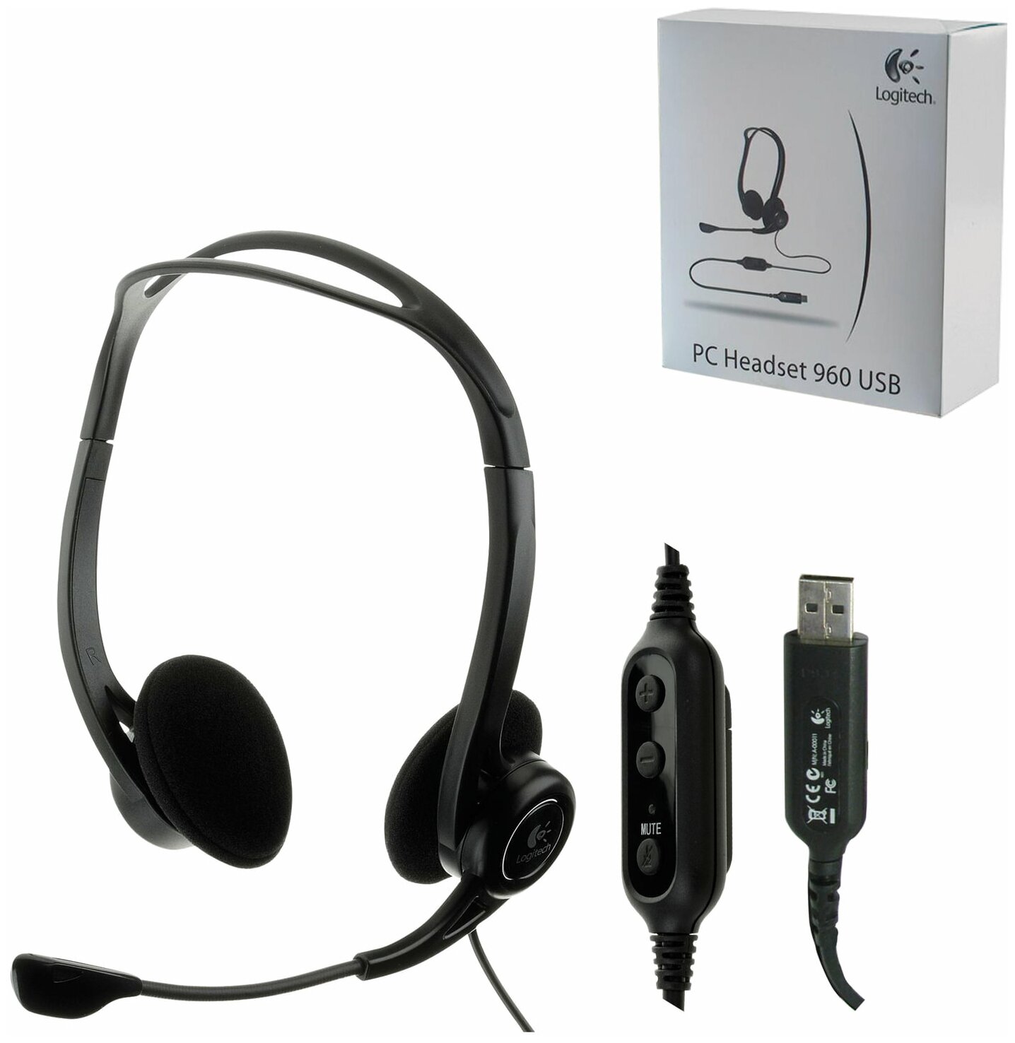 Logitech Гарнитура 960 Headset, для контактных центров, регулятор громкости, выкл. микрофона, USB, 2.4 м, черный