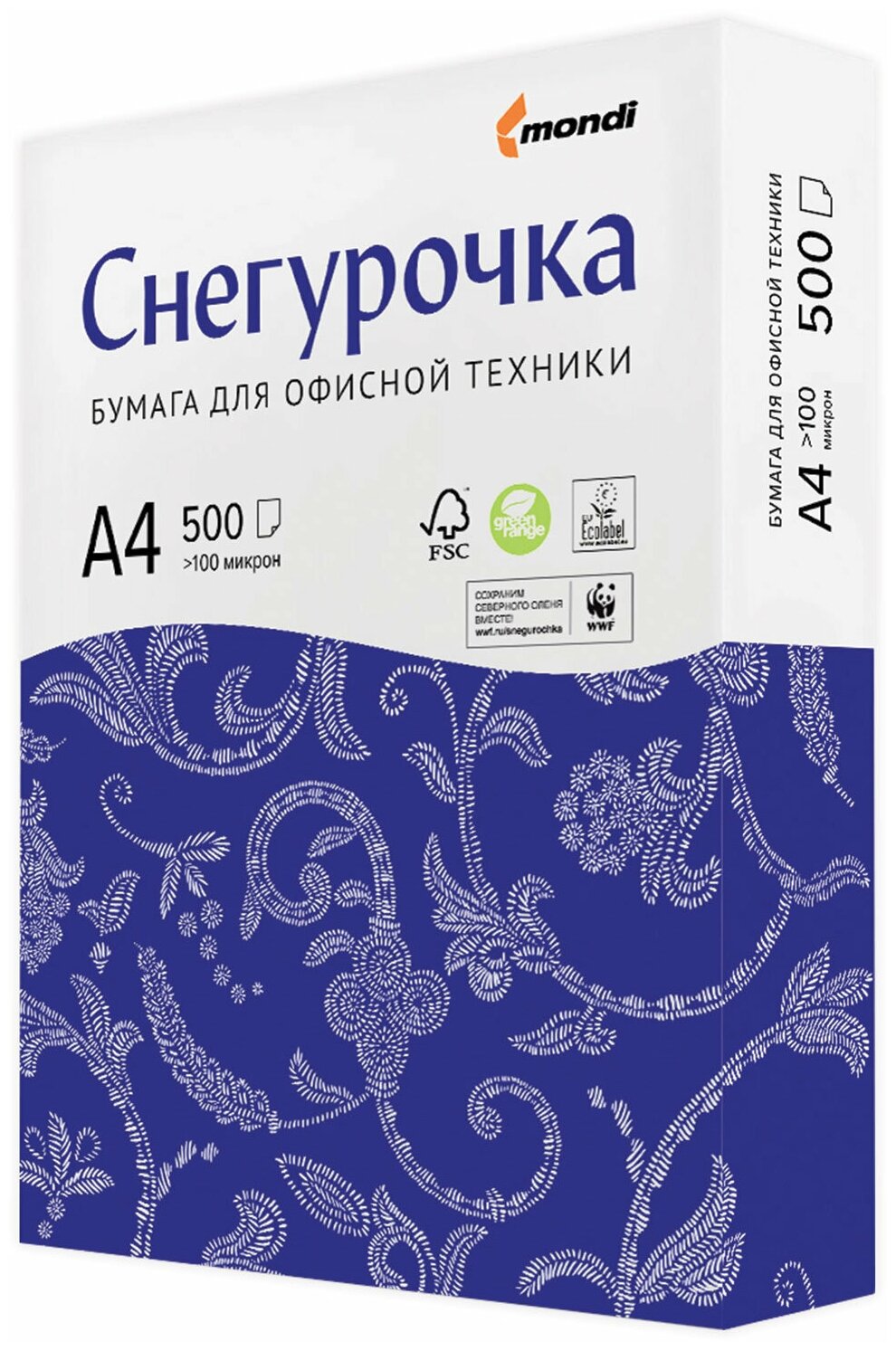 Бумага А4 снегурочка, офисная , 80 г/м2, Монди СЛПК ОАО, Россия, 1 пачка/500 л, марка С — фото 1