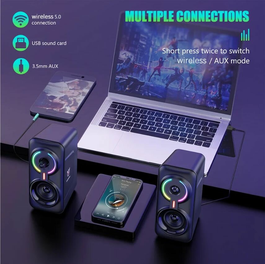 Колонки компьютерные Onikuma L6 c RGB подсветкой, 10 Вт , акустическая система 2.0, питание от USB, черный — фото 1