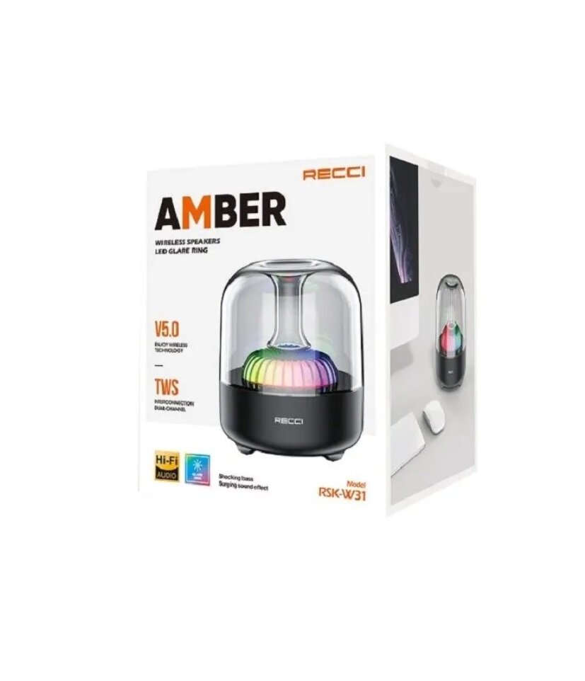 Беспроводная колонка RECCI AMBER LED Glare Ring 5W, 500 mAh, BT5.0, TWS/TF card/Flash/AUX, Черный + Прозрачный