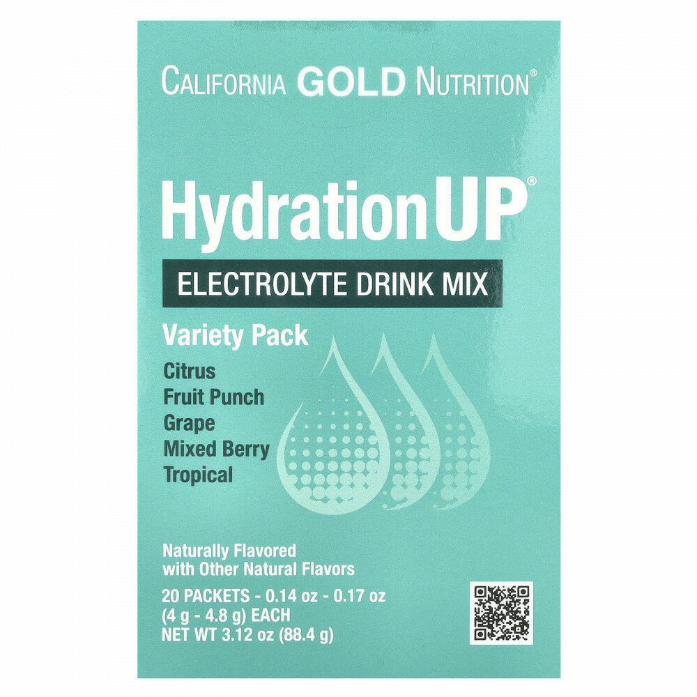 California Gold Nutrition, HydrationUP®, смесь для приготовления напитка с электролитами, с лактатом кальция, витаминами C и E, ассорти вкусов, 20 пакетиков по 4–4,8 г (0,14–0,17 унции)