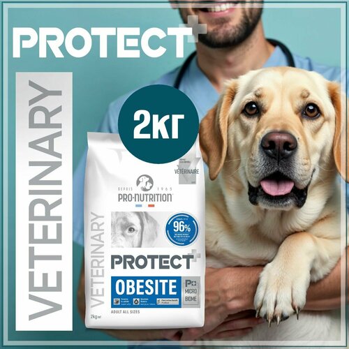 Сухой лечебный корм для взрослых и пожилых собак Flatazor Protect+ Obesite, ветеринарная диета для собак с лишним весом, c сахарным диабетом, сохраняет мышечную массу, улучшает метаболизм, без глютена, Франция, 2 кг.