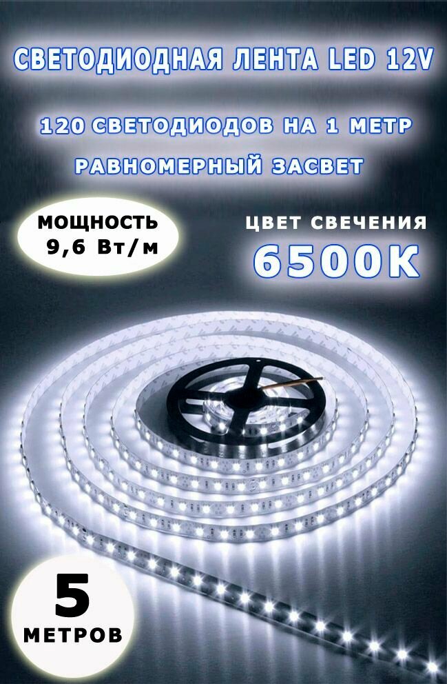 Светодиодная лента 5м; 12В; 120 led; 96Вт/м; 6000К холодный свет
