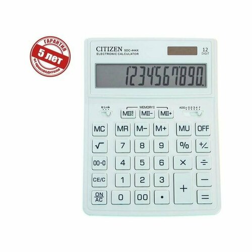Калькулятор настольный Citizen SDC-444XRWHE, 12-разрядный, 155 х 204 х 33 мм, двойное питание, белый