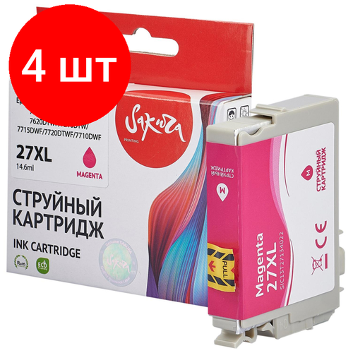 Комплект 4 штук, Картридж струйный Sakura C13T27134022 27XL M вод. пур. для Epson WF-7110DTW совместимый картридж ds c13t27134022 27xl m пурпурный увеличенный ресурс