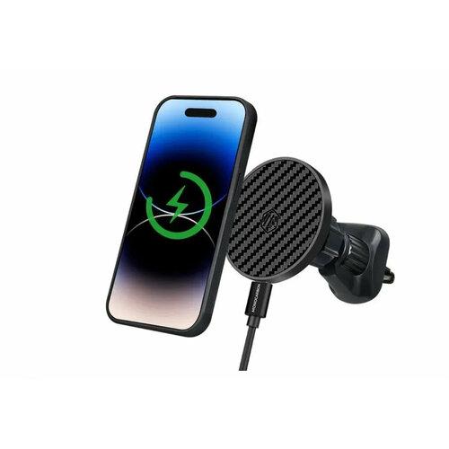 Carbon Fiber Magsafe Car Mount with Wireless Charger / Автомобильный держатель для телефона, Чёрный wireless car charger mount intelligent infrared car phone holder for air vent mount wireless magsafe accessories