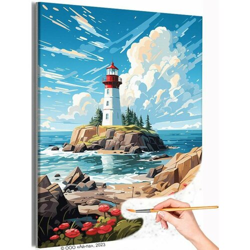 картина по номерам природа пейзаж с лодкой на море Пейзаж с маяком и цветами Природа Море Океан Небо Лето Раскраска картина по номерам на холсте 40х50