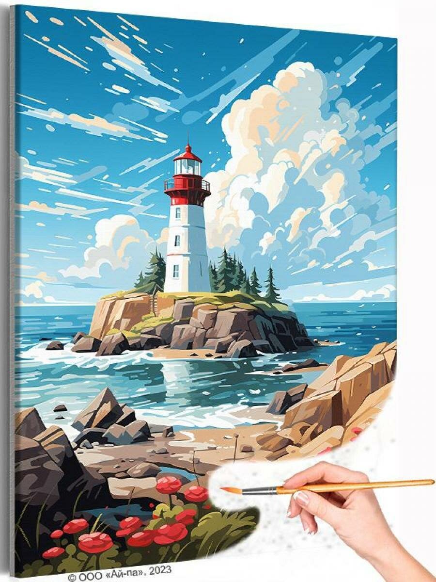 Пейзаж с маяком и цветами Природа Море Океан Небо Лето Раскраска картина по номерам на холсте 40х50