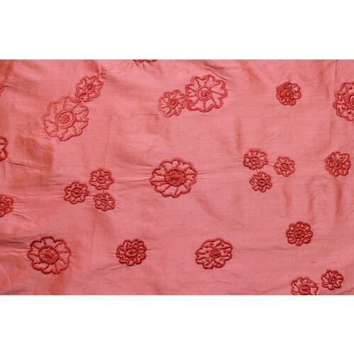 Ткань Шелк-тафта коралловая с бисером пайетками вышивкой в цветочек, ш140см, 0,5 м