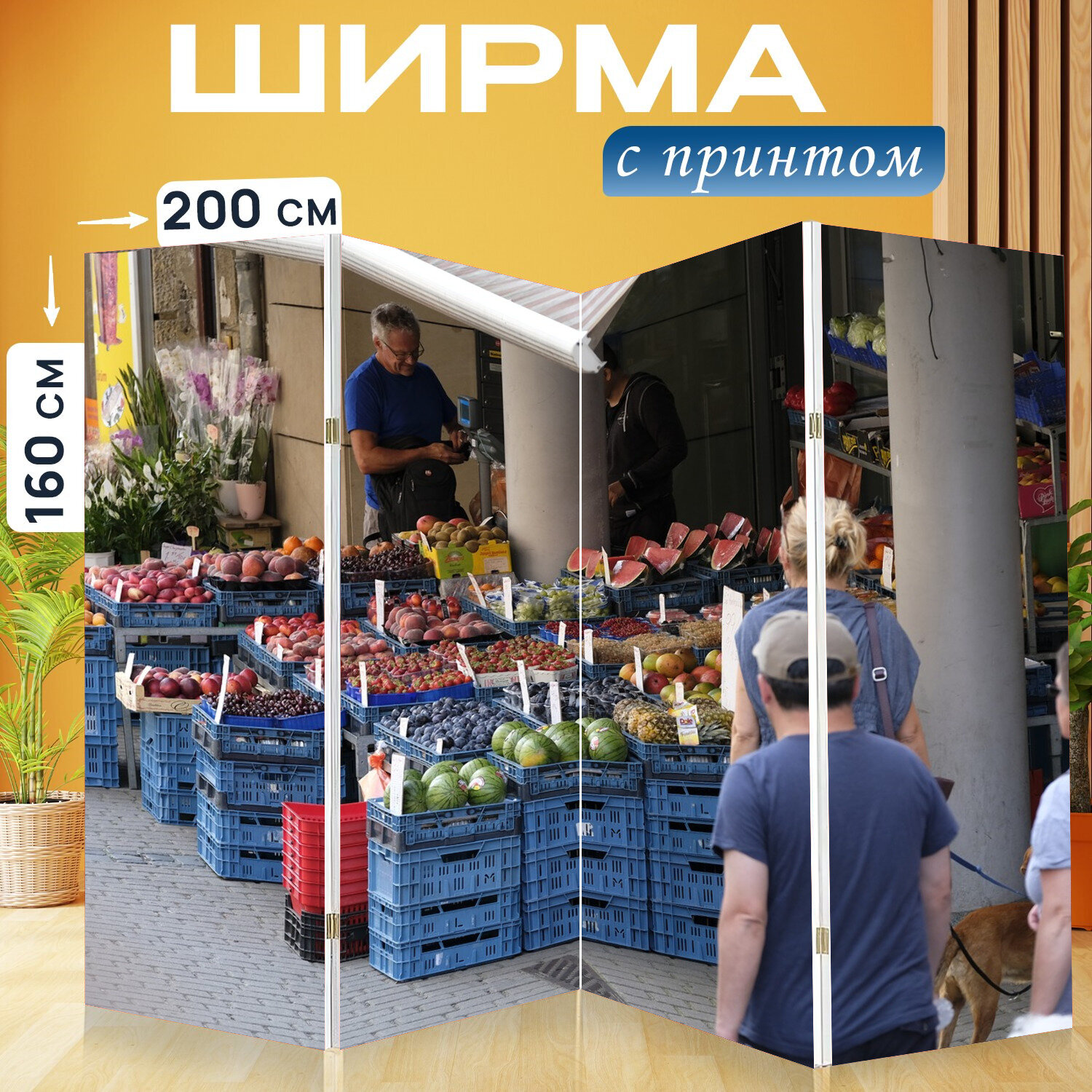 Ширма перегородка с принтом "Овощи, овощной рынок, рынок" на холсте - 200x160 см. для зонирования, раскладная