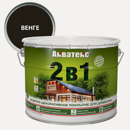 Изображение товара Защитно-декоративное покрытие Акватекс 2 в 1 для древесины алкидное полуматовое лессирующее, венге 9л