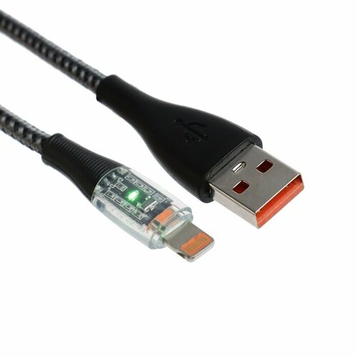 Кабель, 2 А, Lightning - USB, прозрачный, оплётка нейлон, 1 м, серый кабель 2 а lightning usb прозрачный оплётка нейлон 1 м синий