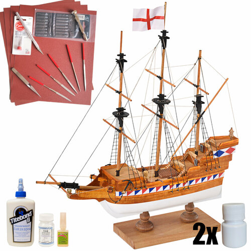 Сборная модель корабля для начинающих от Amati (Италия), Elizabethan Galeon (Галеон), М.1:135, подарочный набор с инструментами, красками, лаком и клеем