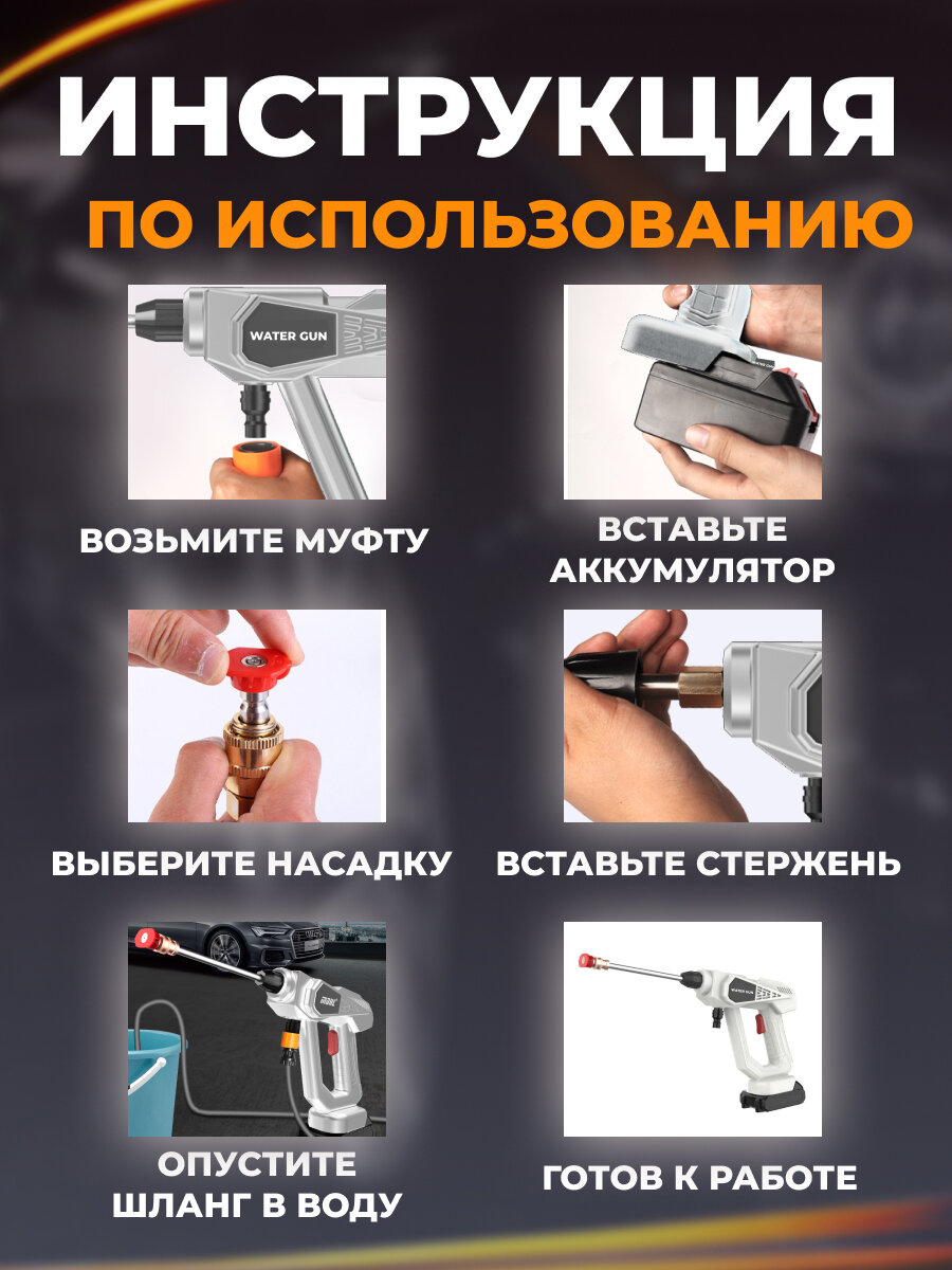 Аккумуляторная автомойка высокого давления Water Gun с двумя аккумуляторами белая - фотография № 6