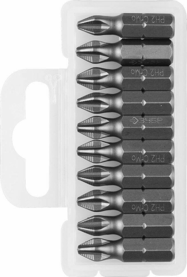ЗУБР Биты ЗУБР "мастер" кованые, хромомолибденовая сталь, тип хвостовика C 1/4", PH2, 25мм, 10шт, ( 26001-2-25-10 )