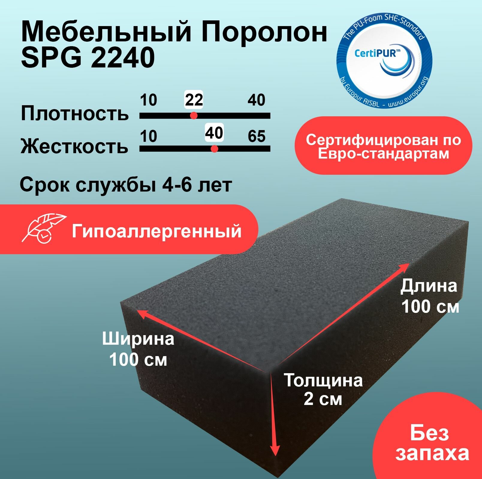 Поролон SPG 2240 лист 20x1000x1000мм графитового цвета, эластичный пенополиуретан 1х1 метр для мебели и упаковки толщиной 2 см