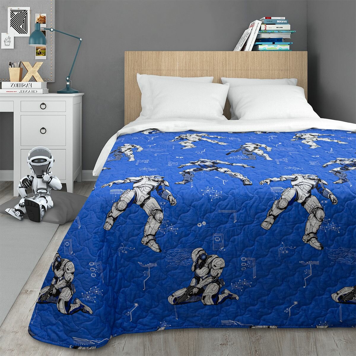 Покрывало BRAVO KIDS DREAMS стеганное хлопок 160 200 Роботы для детей   1 5 спальное   подарок