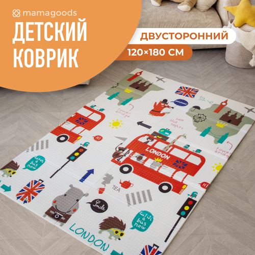 фото Детский коврик для ползания складной двухсторонний игровой термоковрик mamagoods 120 х 180 "город и лондонский автобус"