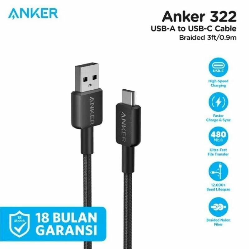 фото Кабель для зарядки ANKER 322 Usb-A to Usb-C 0.9m - Black